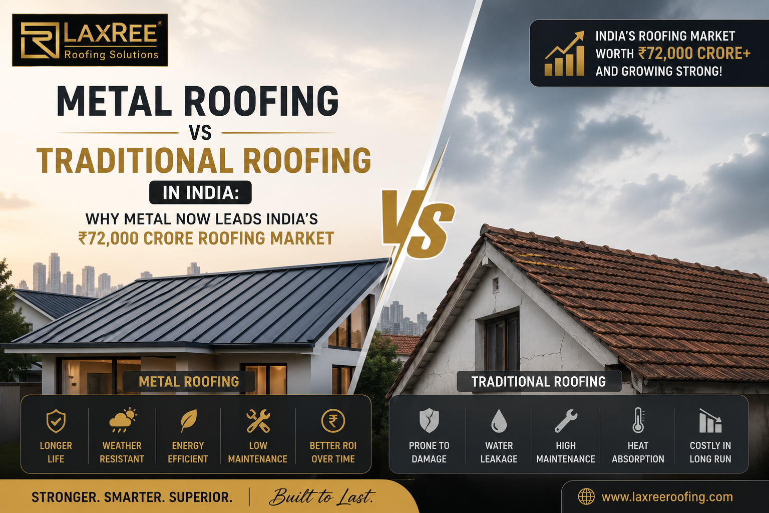 metal roofing vs traditional roofing India 2026 stone coated tiles vs clay tiles LaxRee
